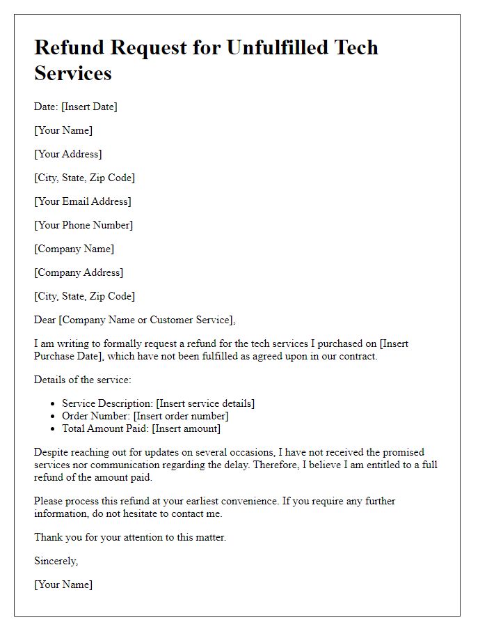 Letter template of refund request for unfulfilled tech services.