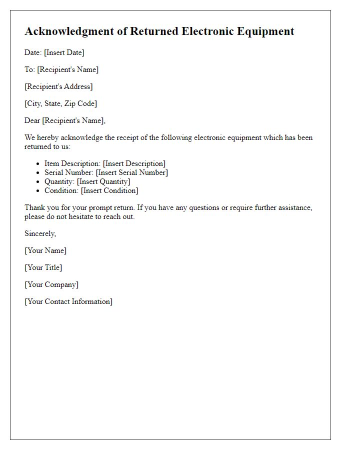 Letter template of acknowledgment for returned electronic equipment