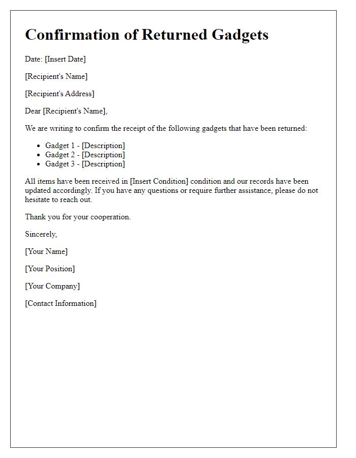 Letter template of confirmation for returned gadgets