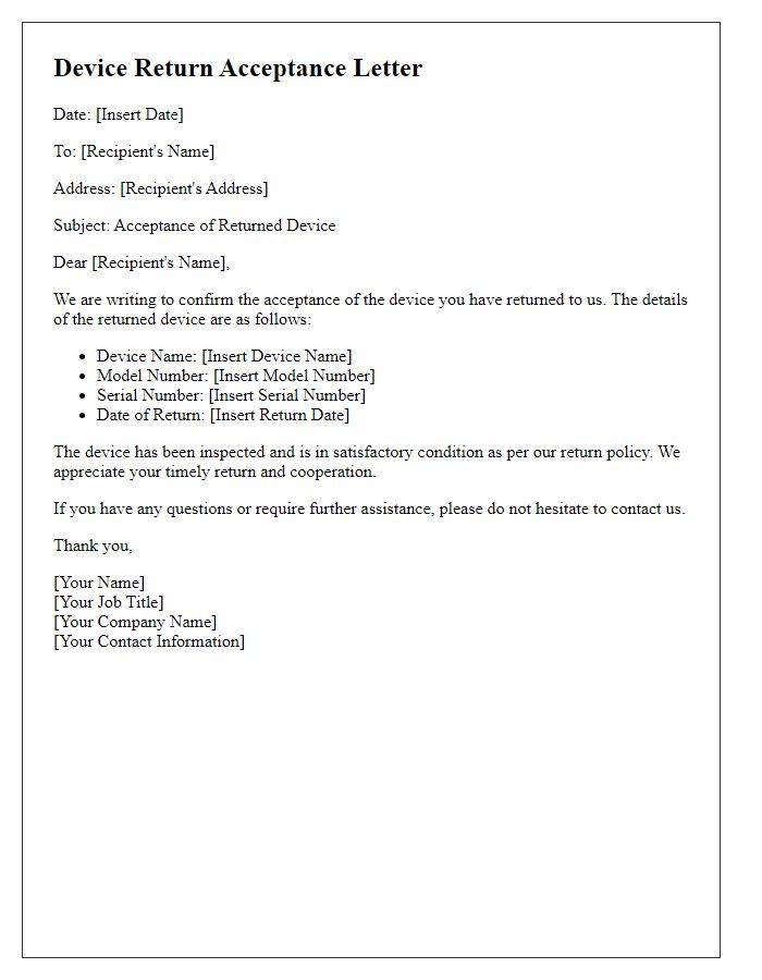 Letter template of device return acceptance