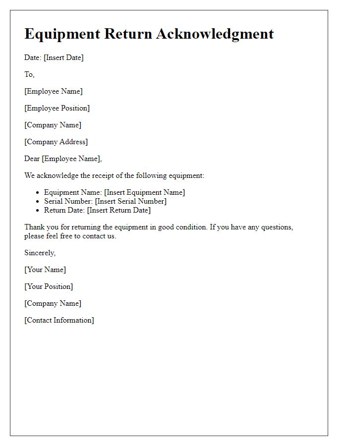 Letter template of equipment return acknowledgment