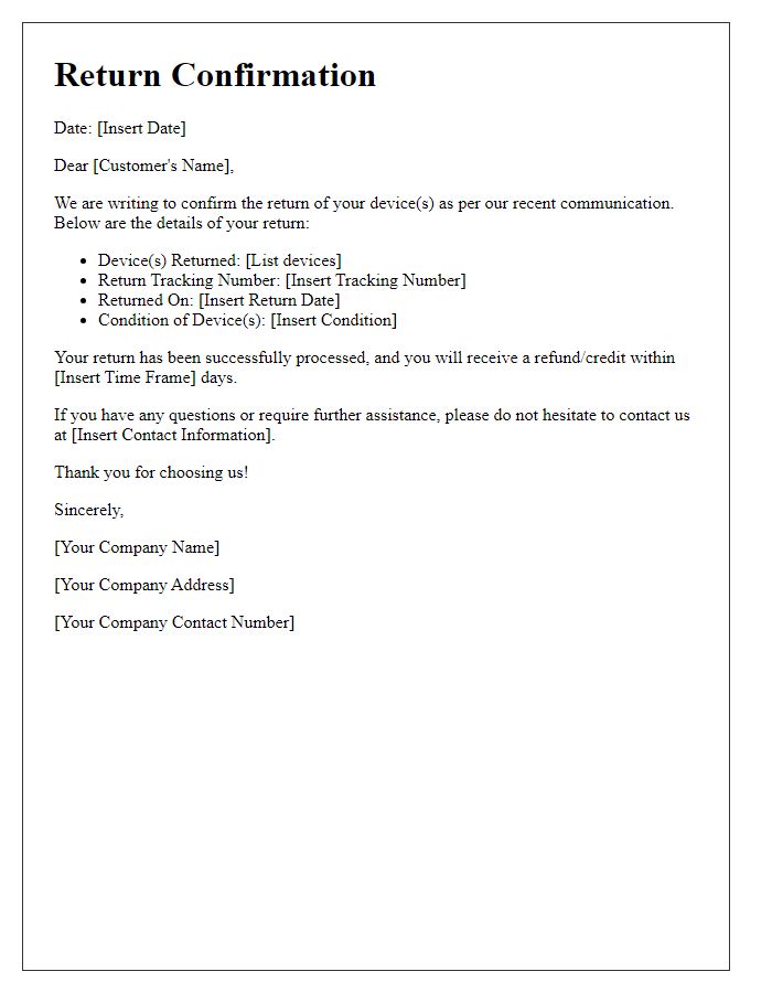 Letter template of return confirmation for devices