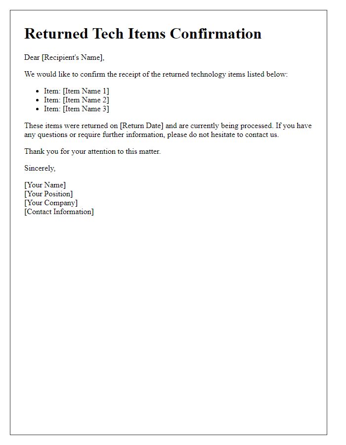 Letter template of returned tech items confirmation