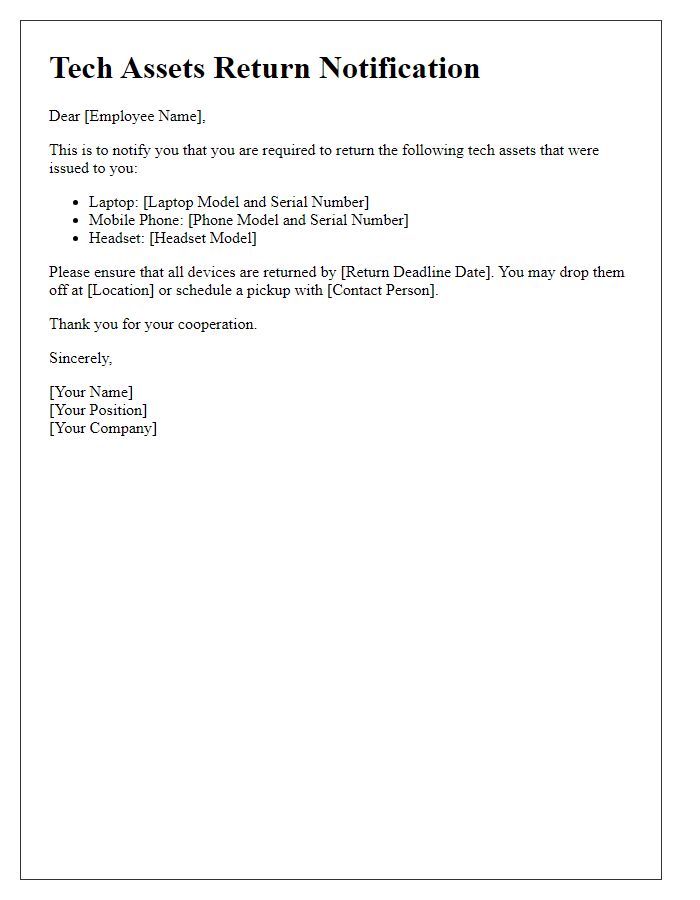 Letter template of tech assets return notification