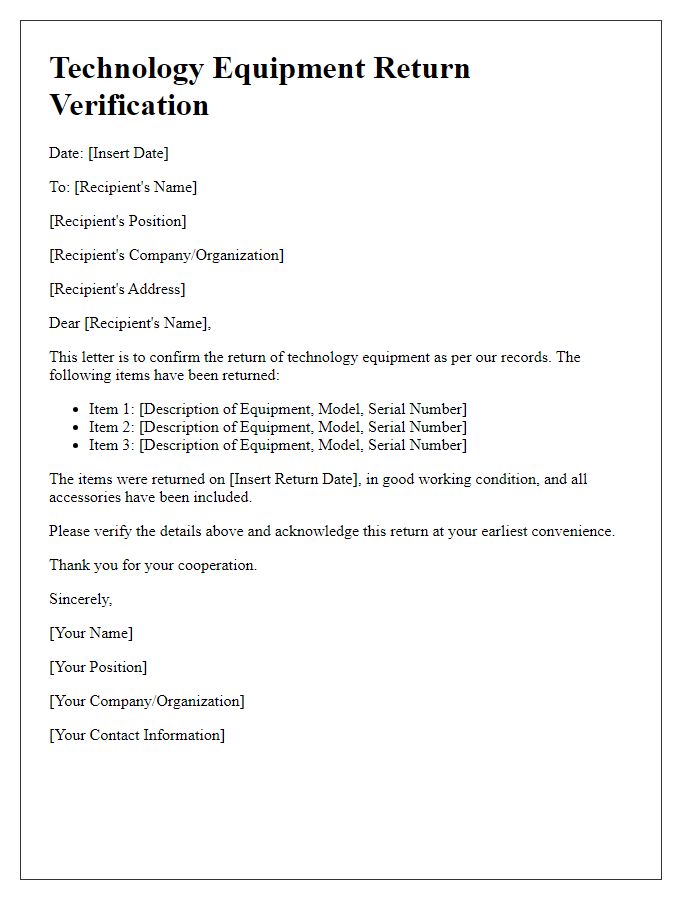 Letter template of technology equipment return verification