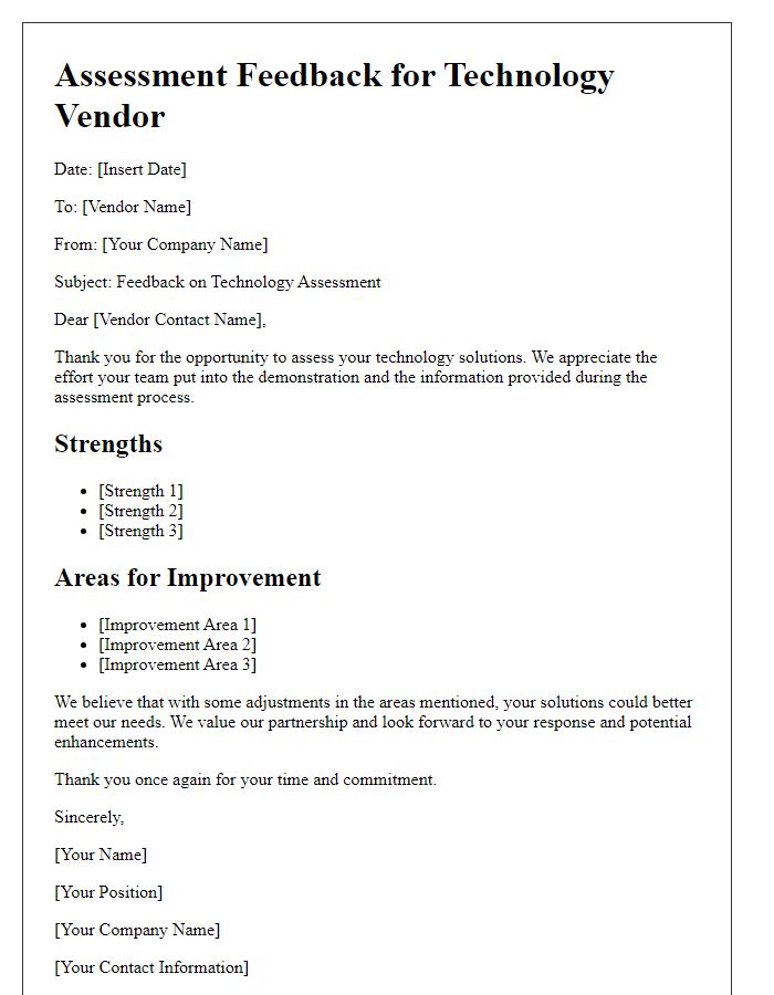 Letter template of assessment feedback for technology vendor