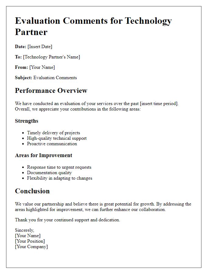 Letter template of evaluation comments for technology partner