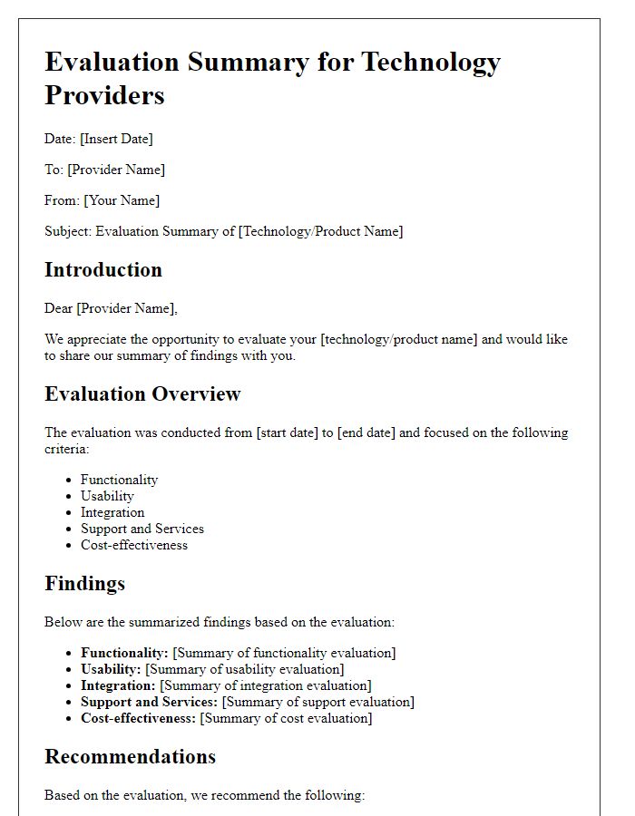 Letter template of evaluation summary for technology providers