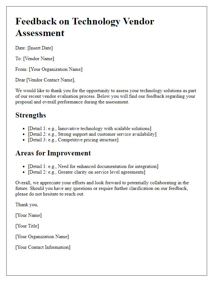 Letter template of feedback on technology vendor assessment