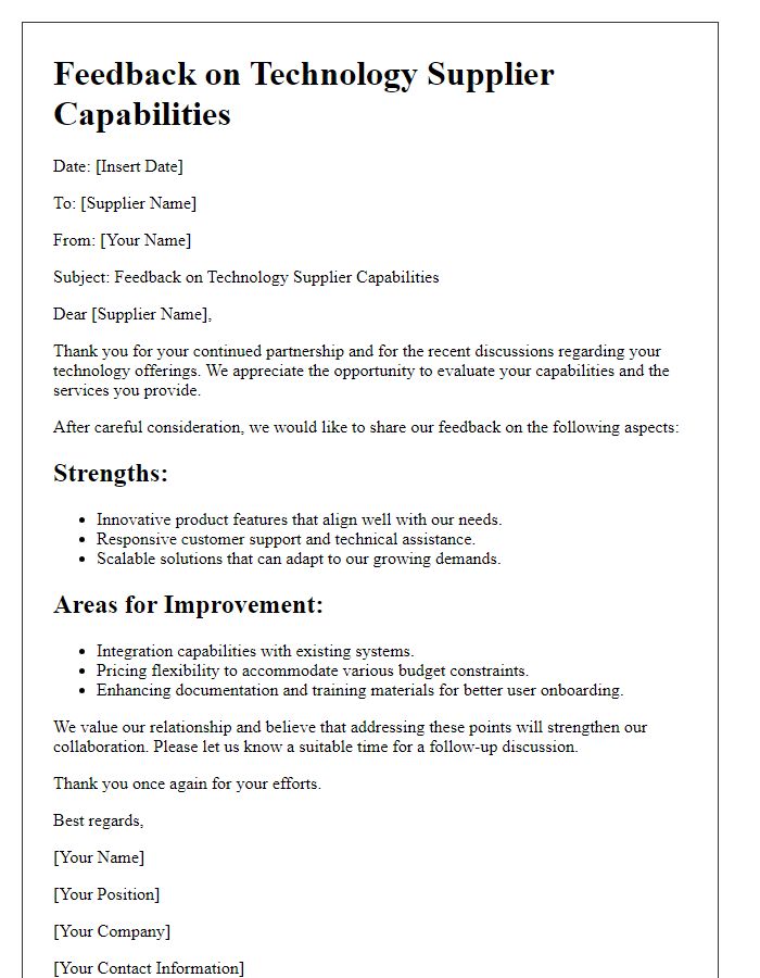 Letter template of feedback regarding technology supplier capabilities