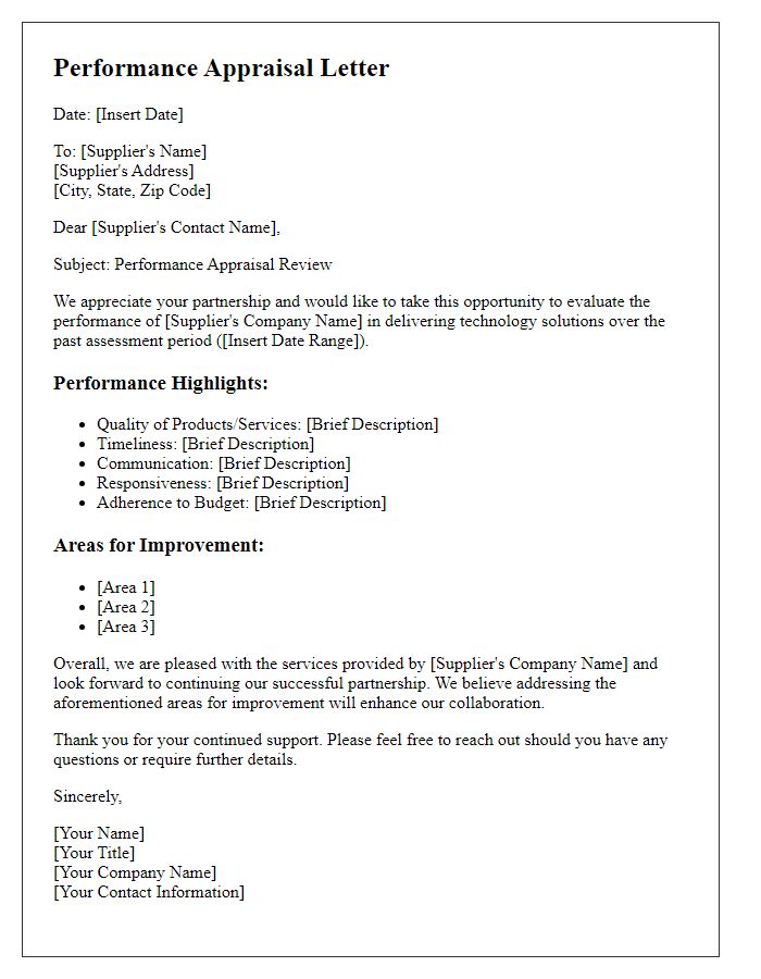 Letter template of performance appraisal for tech supplier