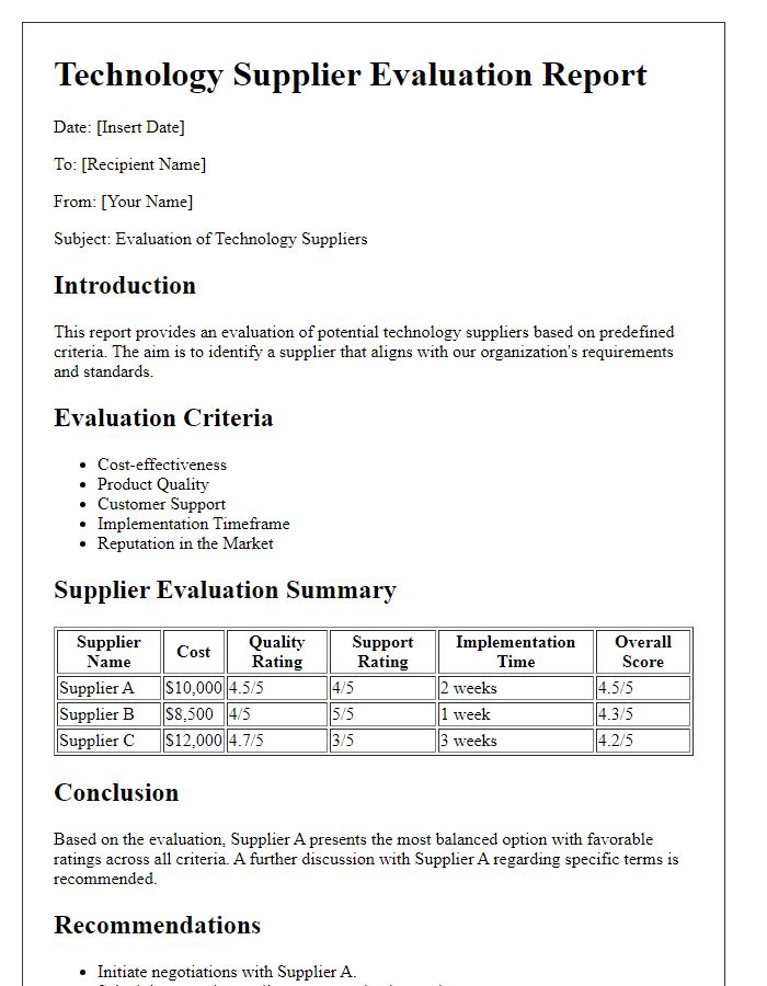 Letter template of report on technology supplier evaluation