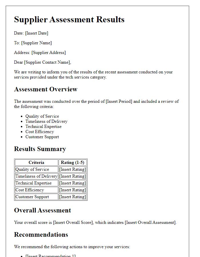 Letter template of supplier assessment results for tech services