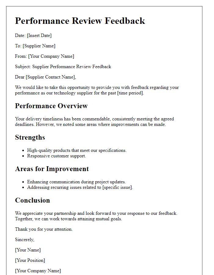 Letter template of technology supplier performance review feedback