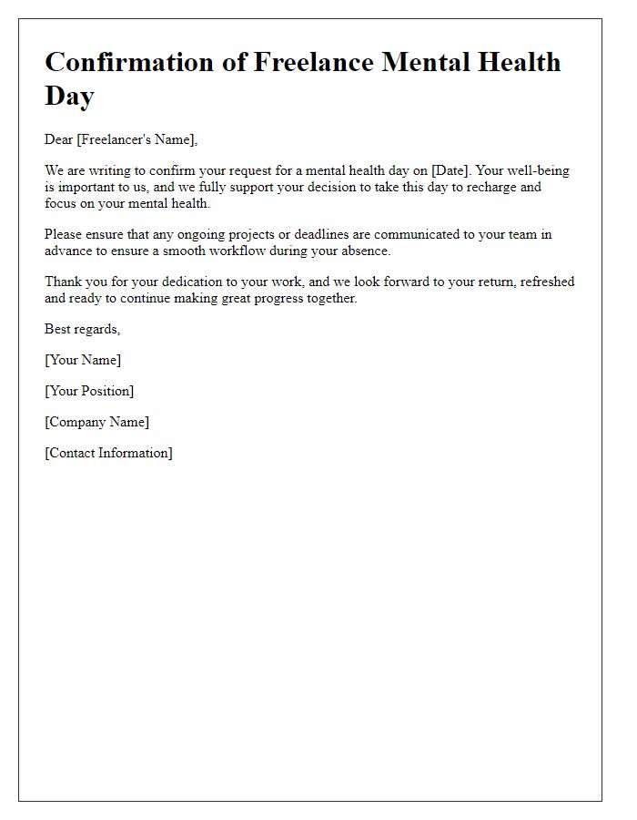 Letter template of confirmation for a freelance mental health day.