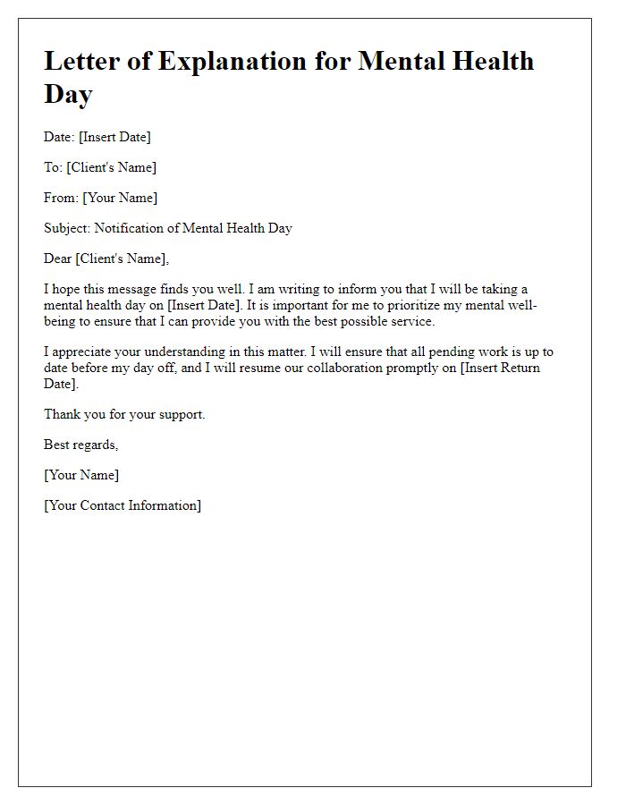 Letter template of explanation for a freelance mental health day.