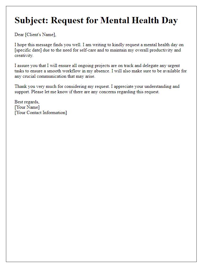 Letter template of polite request for a freelance mental health day.