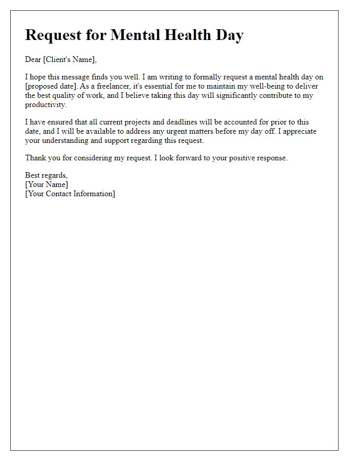 Letter template of request for a freelance mental health day.