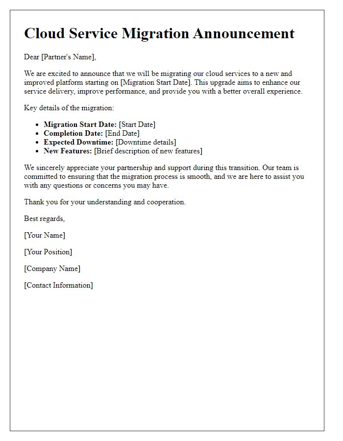 Letter template of cloud service migration announcement for partners