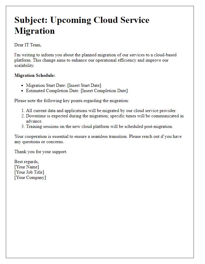 Letter template of cloud service migration communication to IT team