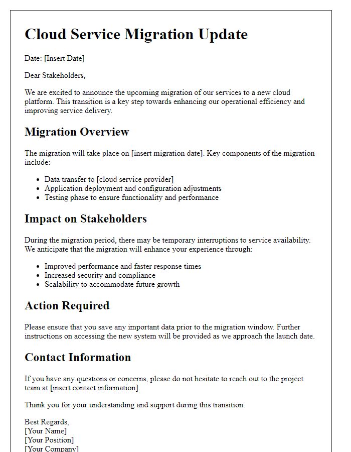 Letter template of cloud service migration details for stakeholders