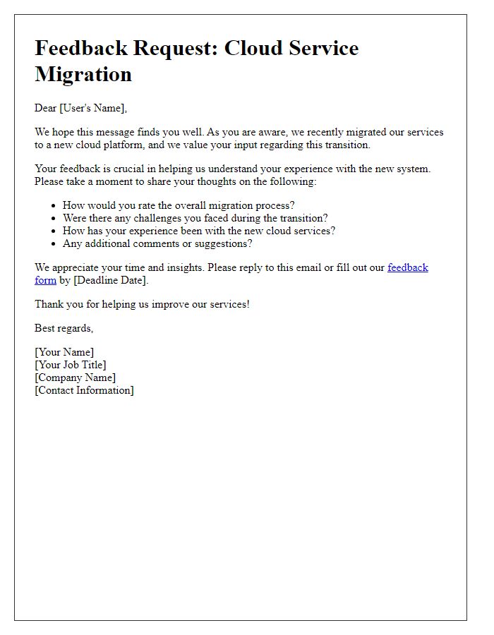 Letter template of cloud service migration feedback request to users