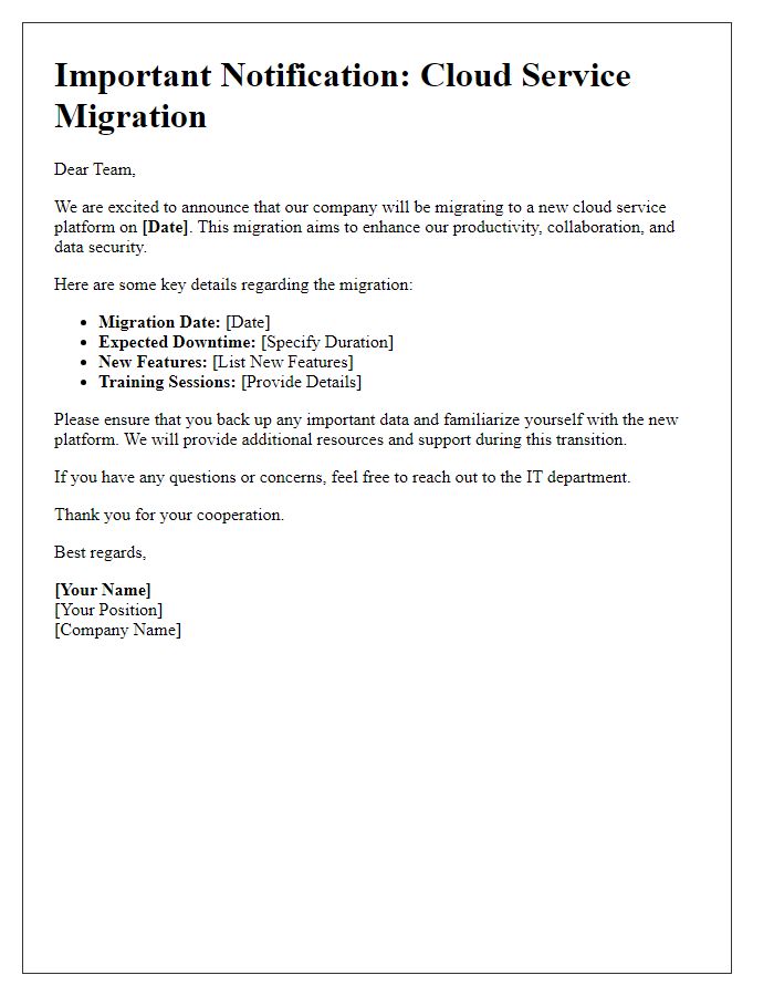 Letter template of cloud service migration notification to employees