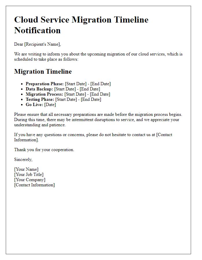 Letter template of cloud service migration timeline notification