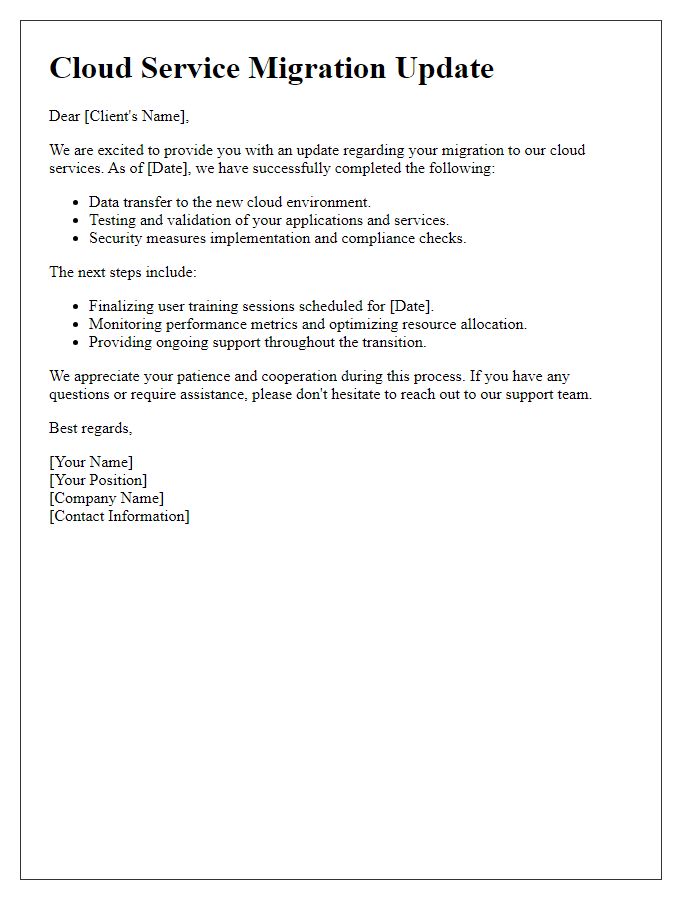 Letter template of cloud service migration update for clients