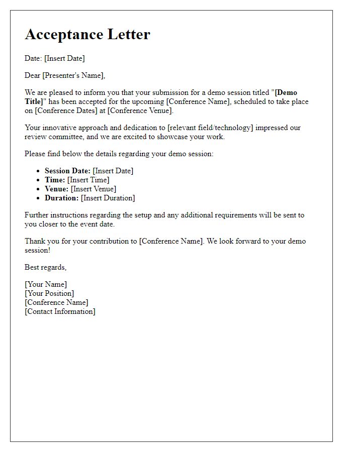 Letter template of acceptance for tech conference demo session