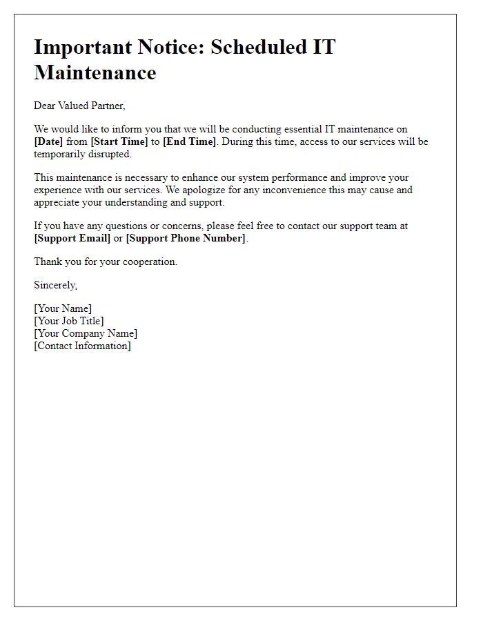 Letter template of IT maintenance disruption for partners