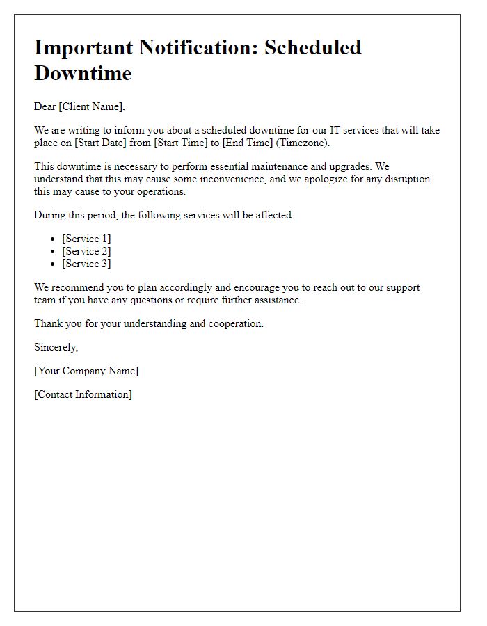 Letter template of IT service downtime notification to clients