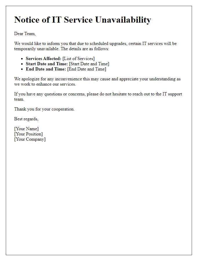 Letter template of IT service unavailability due to upgrades