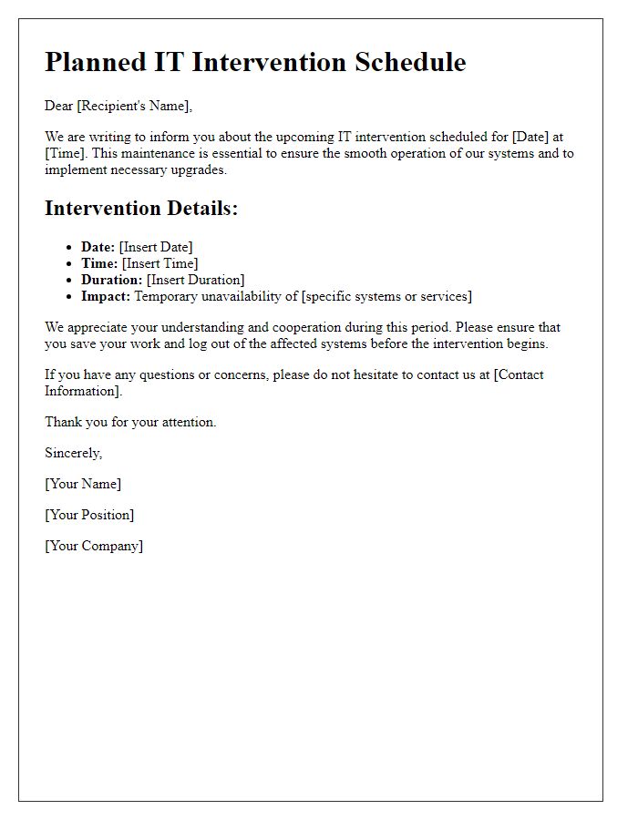 Letter template of planned IT intervention schedule