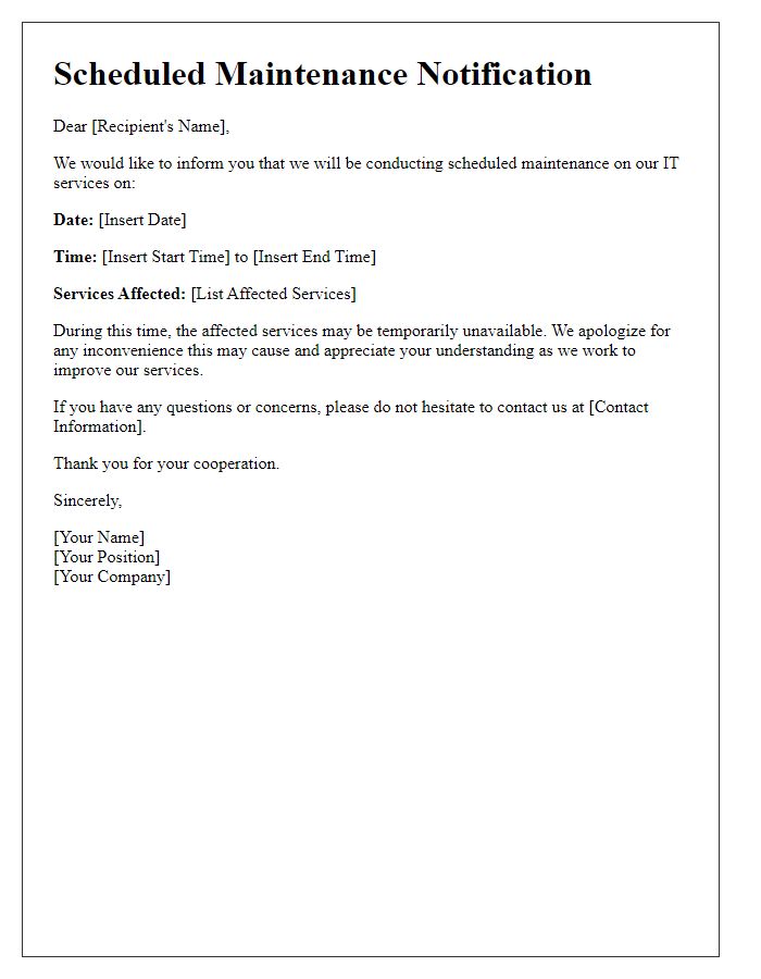 Letter template of scheduled maintenance for IT services