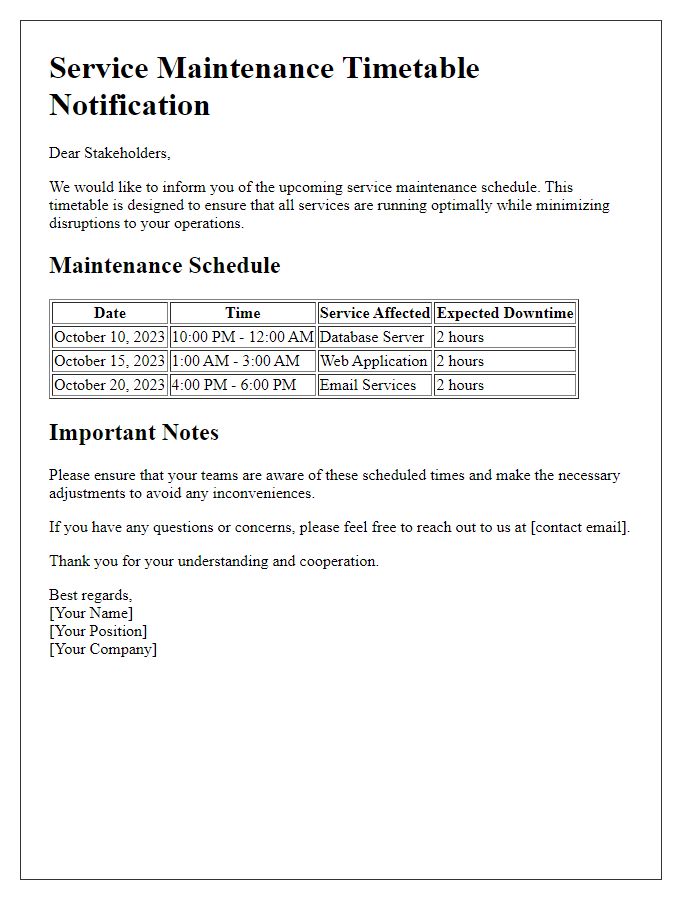 Letter template of service maintenance timetable for stakeholders