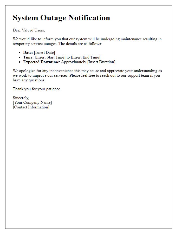 Letter template of system outage alert for users