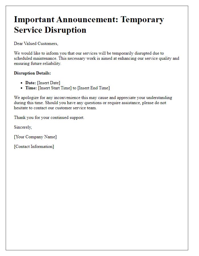 Letter template of temporary service disruption announcement