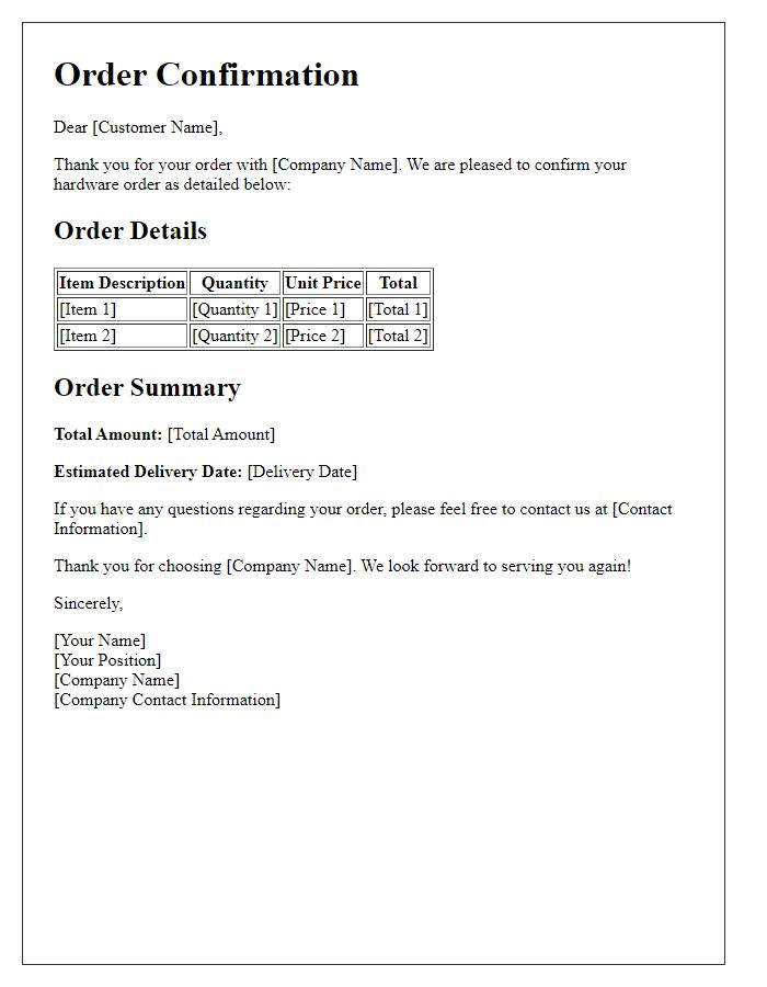 Letter template of hardware order confirmation for bulk orders