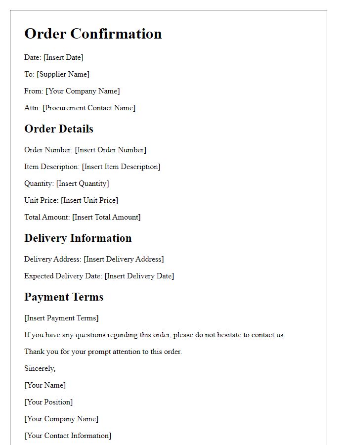 Letter template of hardware order confirmation for corporate procurement