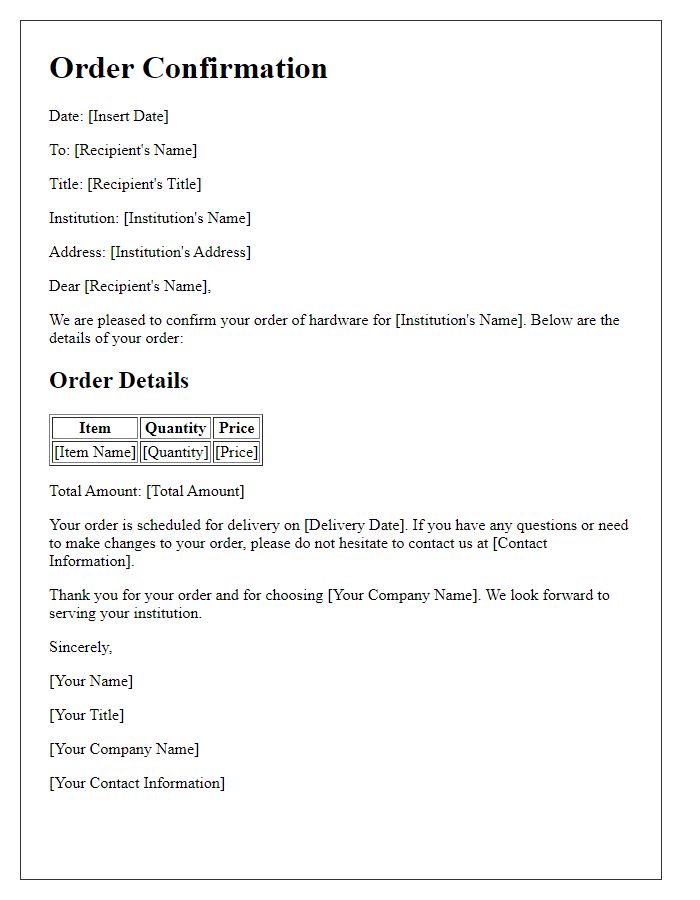 Letter template of hardware order confirmation for educational institutions