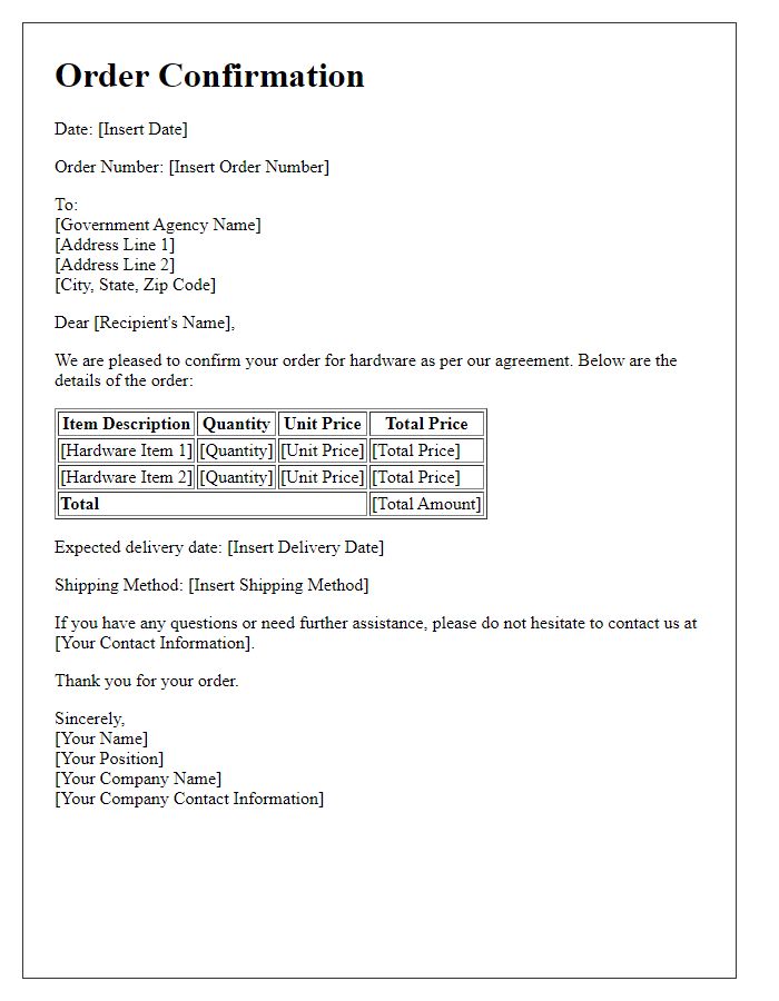 Letter template of hardware order confirmation for governmental contracts