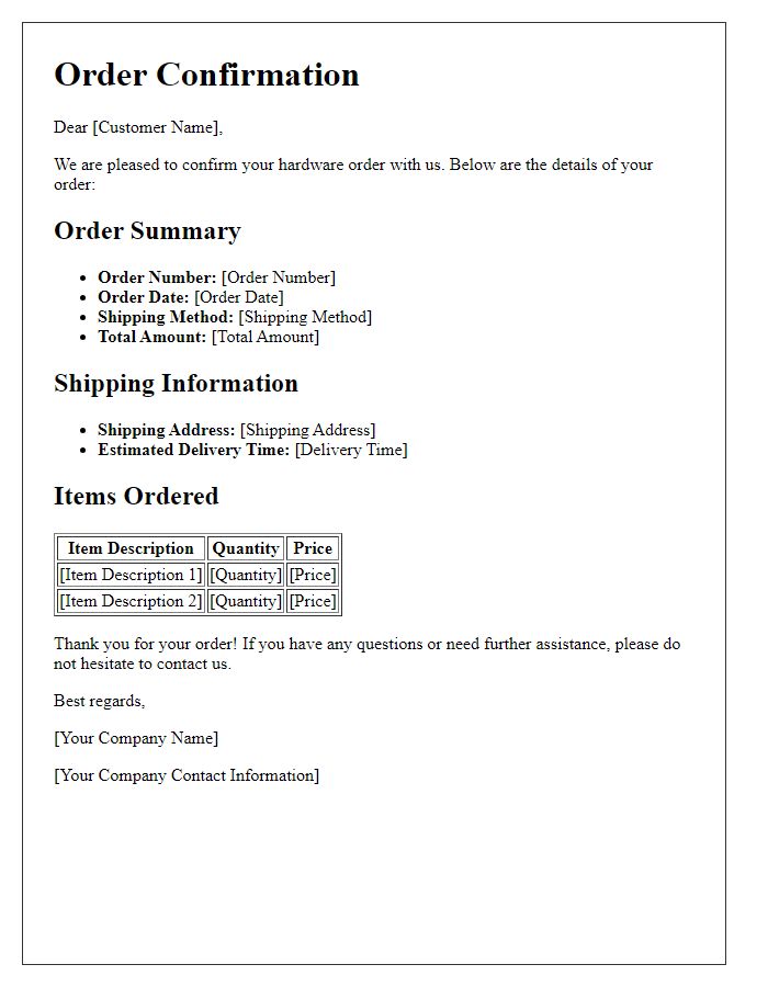 Letter template of hardware order confirmation for international shipping