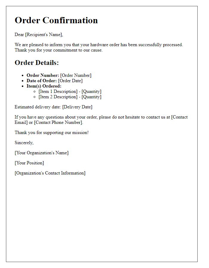 Letter template of hardware order confirmation for non-profit organizations