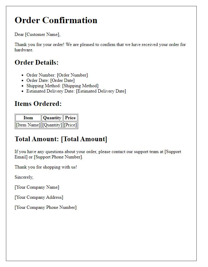 Letter template of hardware order confirmation for online retail transactions