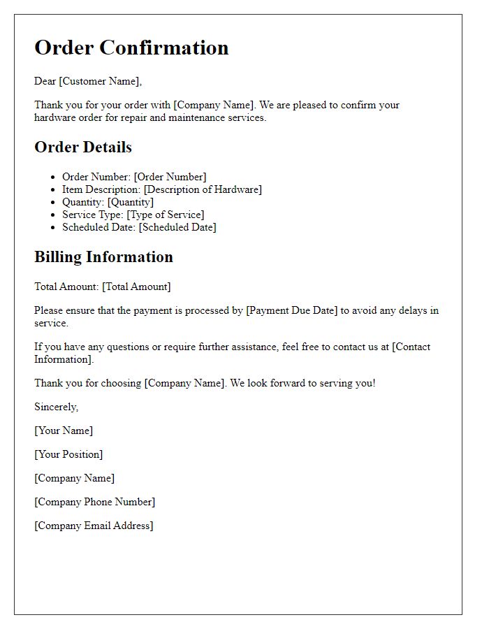 Letter template of hardware order confirmation for repair and maintenance services