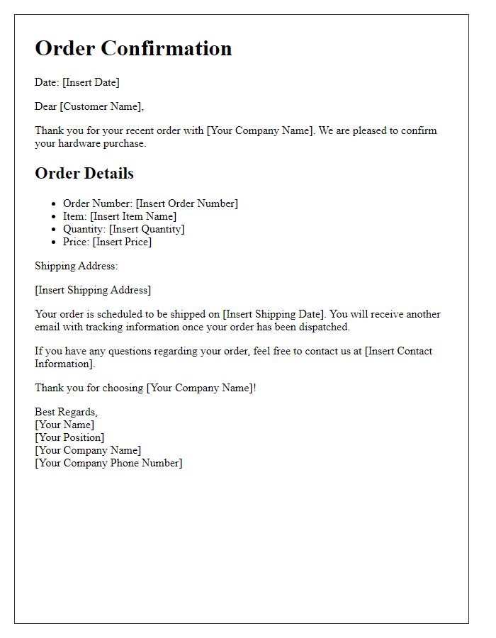 Letter template of hardware order confirmation for small business purchases