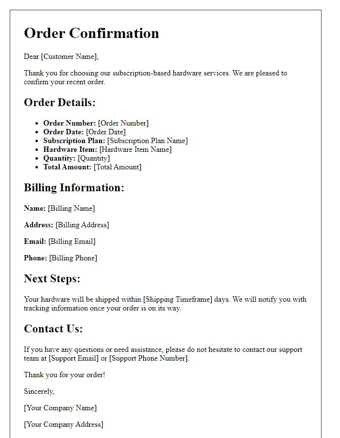 Letter template of hardware order confirmation for subscription-based hardware services