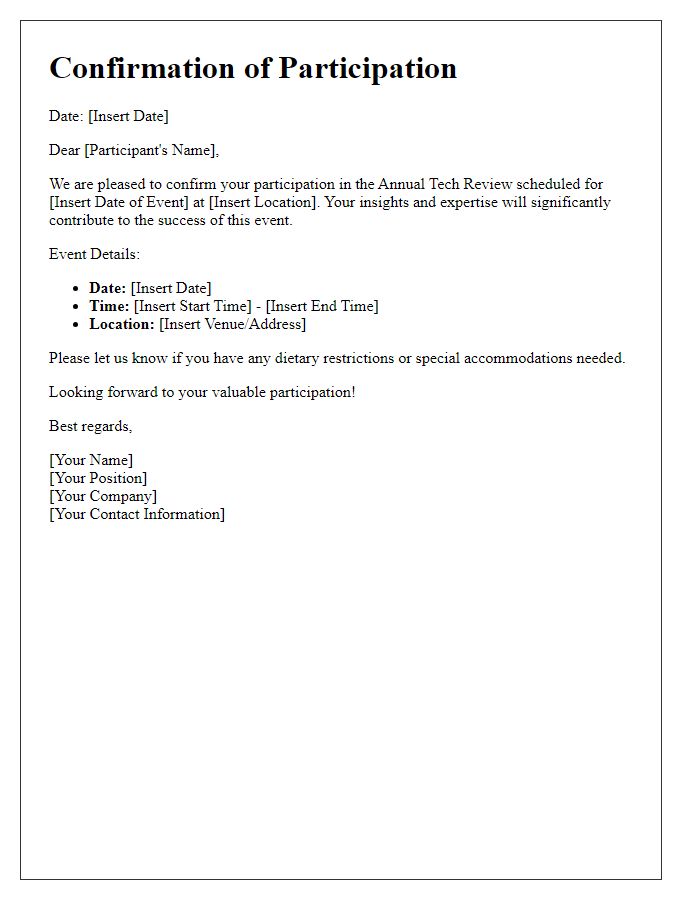 Letter template of confirmation for participation in annual tech review