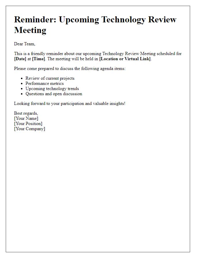 Letter template of reminder for the upcoming technology review meeting.